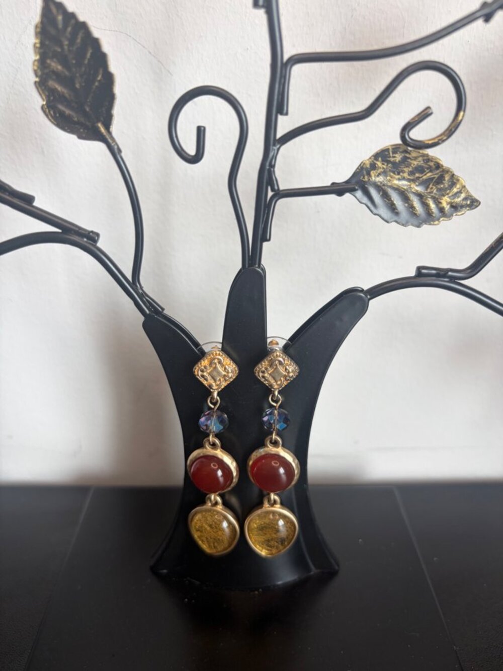 Boho Gold Tone Statement Drop Earrings Red Cabochon Blue Crystal Dangle